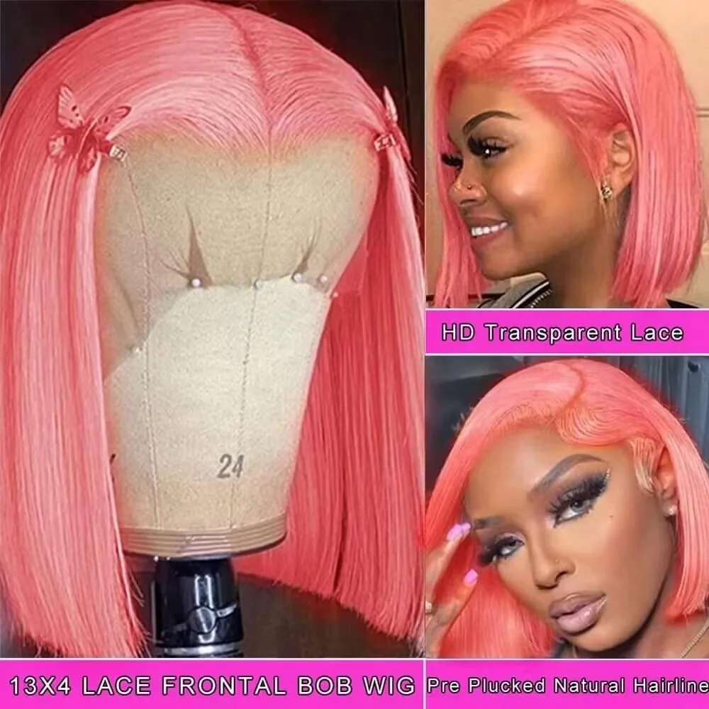 Glueless Wear And Go Human Hair Wig - Peruca Bob Rosa de 10 polegadas,